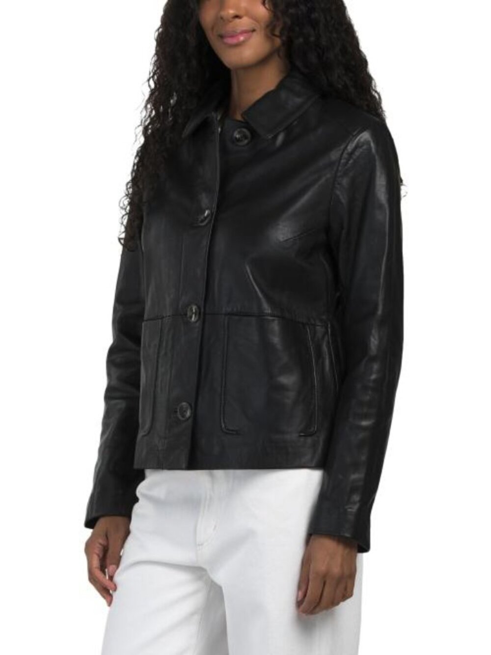 COLE HAAN Leather Collared Button Front Jacket